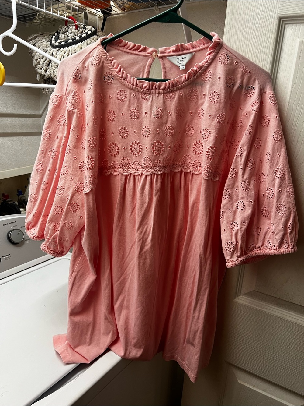 crown & ivy Pink Eyelet Babydoll Blouse with Ruffle Neck